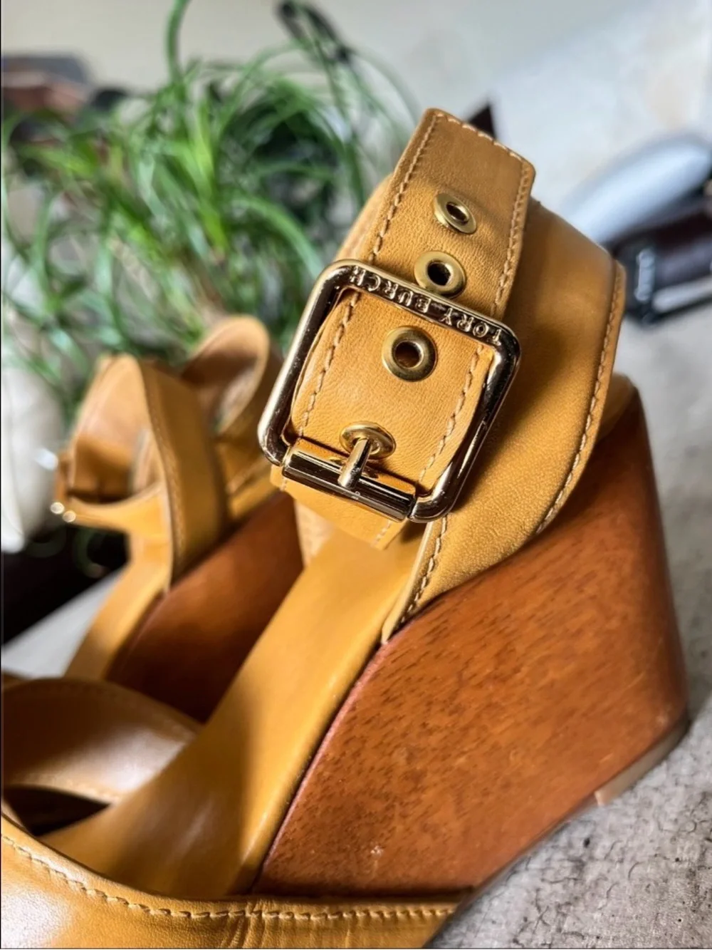 Tory Burch Mustard Tan Leather Wedge Sandals